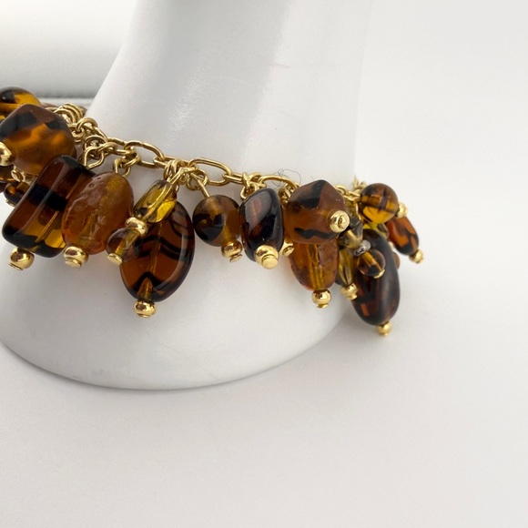 Vintage Joan Rivers Gold Toned Czech Glass Amber Beaded Dangle Charm Bracelet - Picture 3 of 8